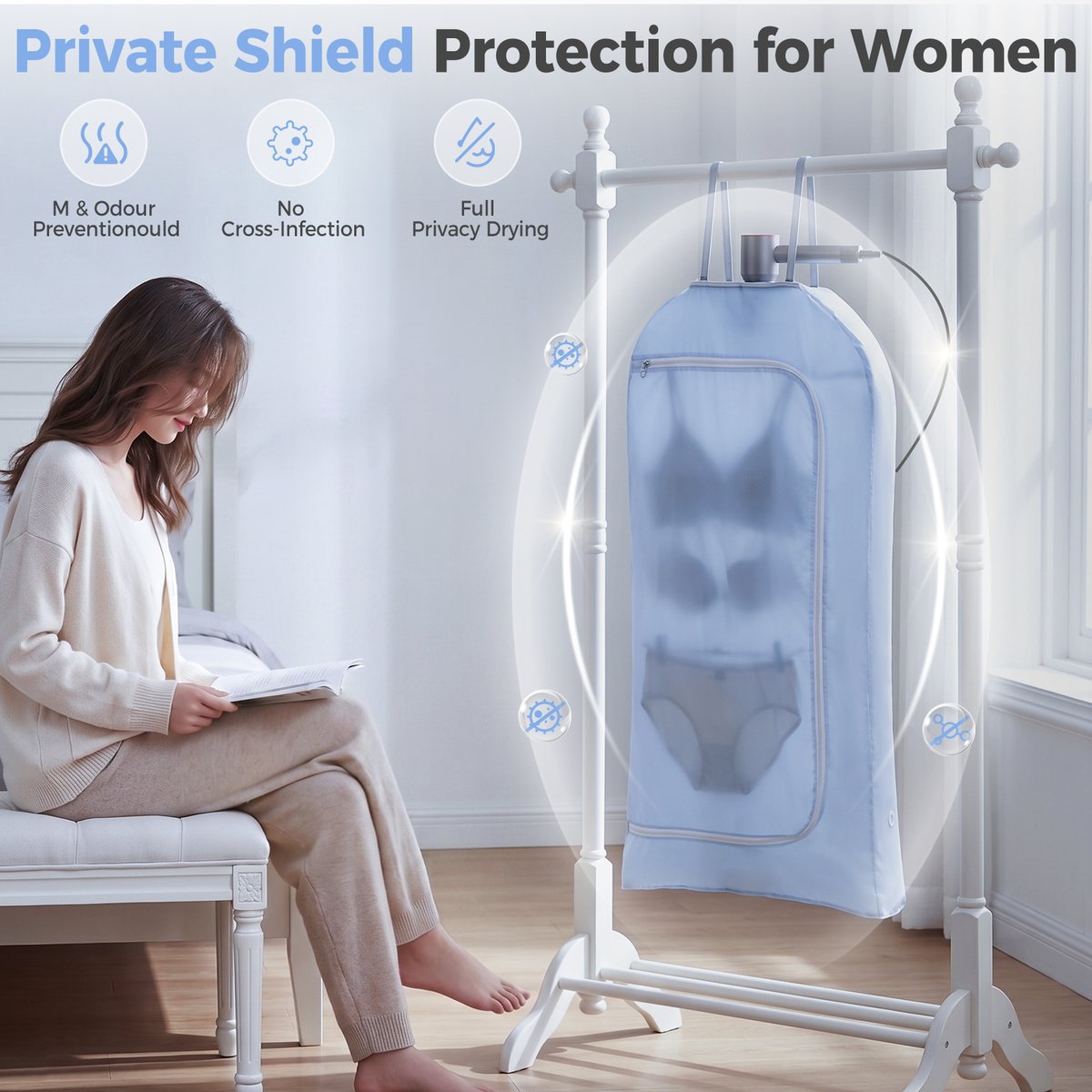 Wadewow sealed hot air circulation chamber detail — windproof zipper and IPX4 splash-proof inner liner for personal laundry hygiene